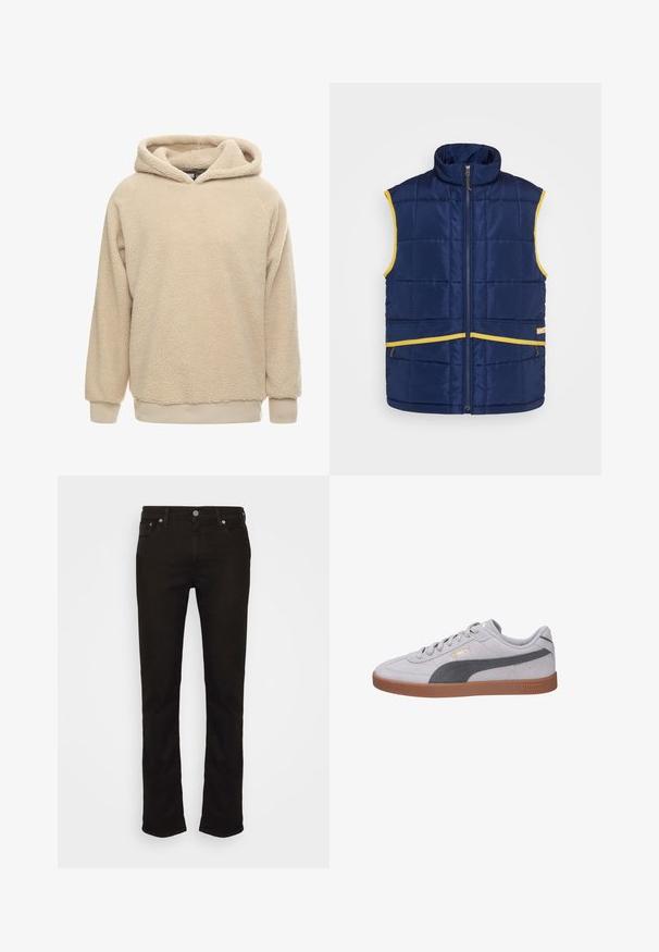 Levi's® Gold Tab PASTIME VEST - Weste - medieval blue; Beige Fleece-Hoodie mit strukturiertem Oberflächen, großem Kapuze und gerippten Bündchen und Saum. Bietet eine lockere Passform und lange Ärmel.; Schwarze Denim-Jeans mit geradem Schnitt, ausgestattet mit einem klassischen Fünf-Taschen-Design, einem Metallknopfverschluss und dezenten Nähdetails.; Graue Wildleder-Sneaker mit einem dunkelgrauen Streifen und goldenem PUMA-Logo, ausgestattet mit einer gummibraunen Sohle und Schnürdesign.