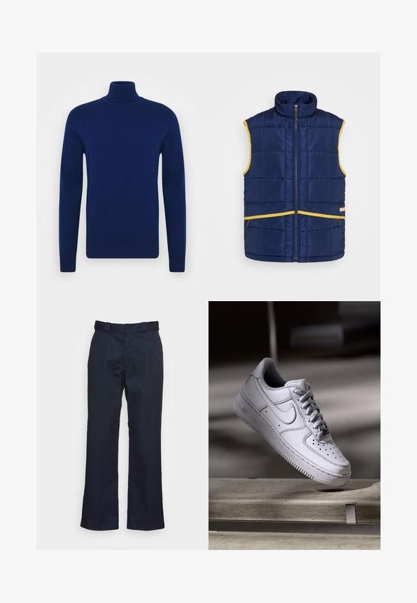 Levi's® Gold Tab PASTIME VEST - Vest - medieval blue; Mørkeblå rullekrave striktrøje lavet af glat strikket stof. Lange ærmer og tætsiddende design med ribbede detaljer ved kraven og kanten.; Mørkeblå bukser med lige ben-design, lavet af et glat stof, med en standard talje og uden synlige mønstre eller hardware.; Hvid læder Nike Air Force 1 sneaker med perforeret tå, flade snørebånd og tekstureret gummisål med "AIR" branding på siden.