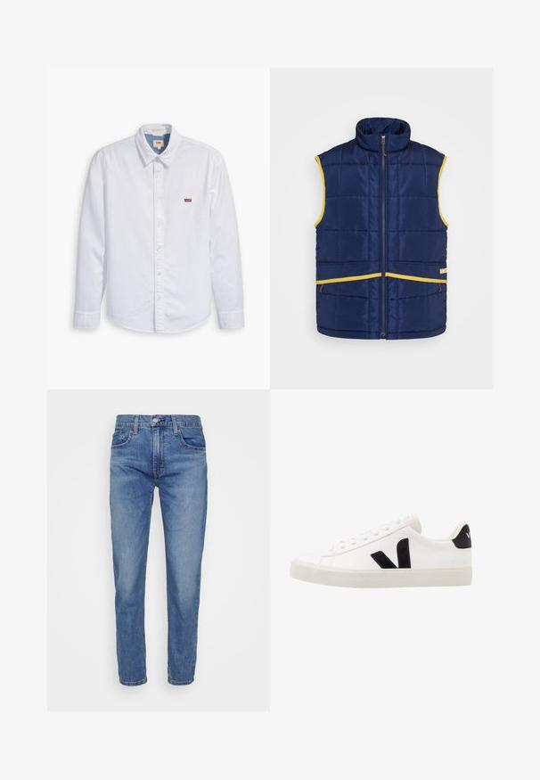 Levi's® Gold Tab PASTIME VEST - Γιλέκο - medieval blue; Λευκό πουκάμισο με μακριά μανίκια και κουμπιά, φτιαγμένο από βαμβάκι. Διαθέτει καμπυλωτό γιακά και μικρό κόκκινο λογότυπο Levi's στη αριστερή πλευρά του στήθους. Λείο υφασμά.; Levi's® 502™ TAPER HI BALL - Slim fit jeans - dolf bombay adv; Λευκό δερμάτινο sneaker με μαύρες σουέτ λεπτομέρειες; διαθέτει καουτσούκ σόλο, στρογγυλή μύτη και κλασικό σχέδιο με κορδόνια. Λογότυπο στην πλευρά σε μαύρο χρώμα.