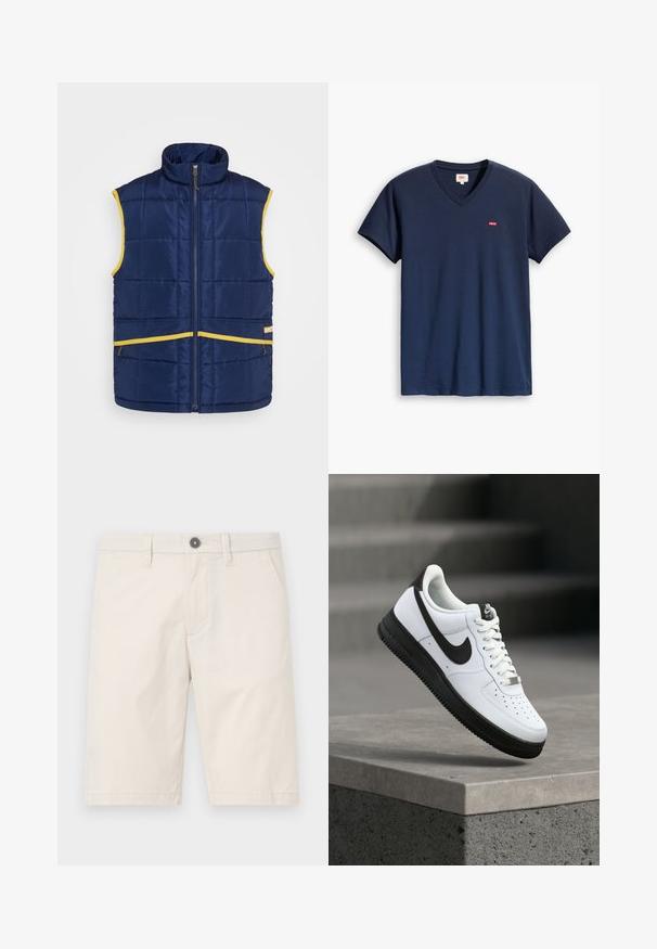 Levi's® Gold Tab PASTIME VEST - Vesta - medieval blue; Námorníckomodrá bavlnená tričko s V-výstrihom s malým červeným logom Levi's na ľavej hrudi, krátkymi rukávmi a voľným strihom.; Svetlé béžové šortky vyrobené z bavlny, s rovnym strihom, dvoma bočnými vreckami a jedným čiernym gombíkom na páse.; Biela kožená teniska s čiernymi akcentmi, zaoblenou špičkou a perforovanými detailmi. Čierna gumová podrážka s textúrovaným vzorom a šnurovanie na šnúrky.