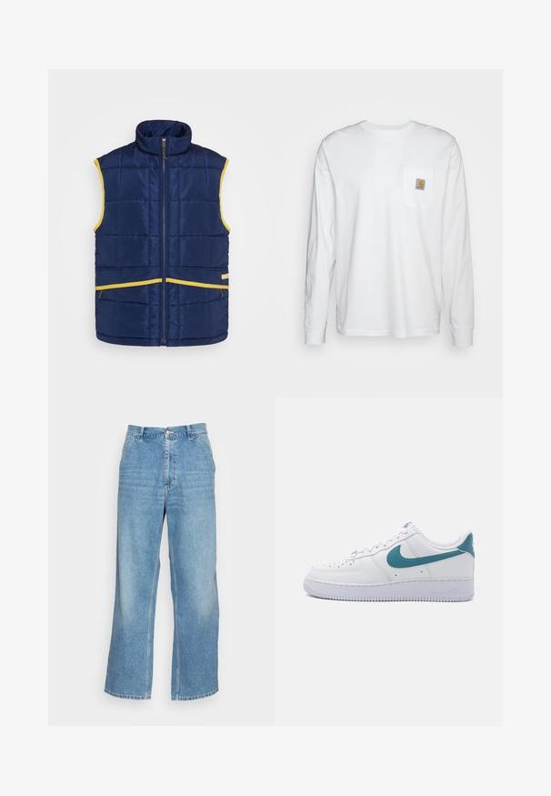 Levi's® Gold Tab PASTIME VEST - Mellény - medieval blue; Hosszú ujjú, fehér, pamut ing, amelyen egy négyzet alakú logóval ellátott mellzseb található. Egyszerű dizájn, lekerekített nyakú és gombos mandzsettával.; Világoskék, bő szárú farmernadrág, amely denimből készült. Magas derekú, gombos záródással és klasszikus öt zsebes kialakítással rendelkezik. Simább tapintású.; Nike Sportswear AIR FORCE ESSENTIAL - Sportcipő - white/smokey blue