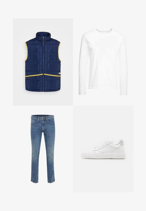 Levi's® Gold Tab PASTIME VEST - Γιλέκο - medieval blue; Λευκό μπλουζάκι μακρυμάνικο από μαλακό βαμβάκι. Στρογγυλή λαιμόκοψη με ευθεία τελική ραφή και χωρίς ορατά σχέδια ή γραφικά.; Μπλε τζιν παντελόνι σε στενή γραμμή, με πέντε τσέπες, κλείσιμο με κουμπί μπροστά και διακριτικές ζαρώσεις για υφή και λεπτομέρεια.; Λευκά δερμάτινα αθλητικά παπούτσια με απλή επιφάνεια, στρογγυλή μύτη, επίπεδα κορδόνια και ανάγλυφη σόλα. Γκρι σουέτ λεπτομέρεια στη φτέρνα.