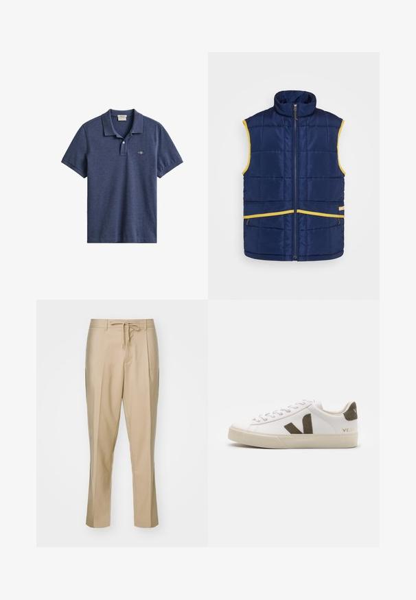 Levi's® Gold Tab PASTIME VEST - Chaleco - medieval blue; Polo azul marino de manga corta con cuello, tapeta de dos botones y pequeño logo bordado en el pecho izquierdo.; Pantalones beige a medida con cintura ajustable y perneras rectas, y dos bolsillos laterales. Hechos de una tela suave, con pliegues definidos.; Zapatillas de cuero blanco con una suela de goma beige claro. Presenta un logo en forma de V de gamuza marrón y una pestaña en el talón. Cierre con cordones y superficie texturizada.