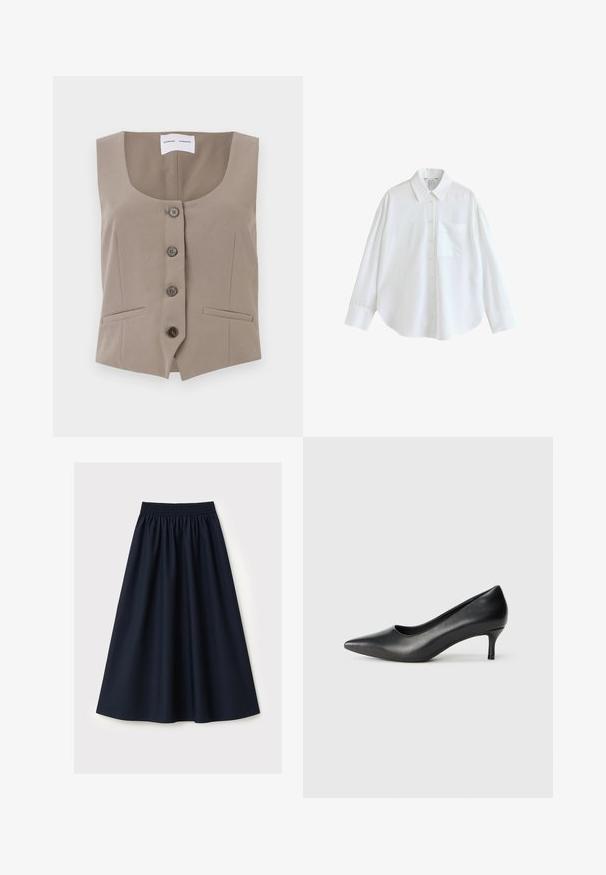 Beige gecropt vest met een ronde halslijn, vijf knopen aan de voorkant en twee zijzakken; gemaakt van gladde stof met een getailleerde pasvorm.; Witte overhemd met lange mouwen, knoopsluiting, puntkraag, één borstzak en brede manchetten, getoond op een effen witte achtergrond.; Marineblauwe rok gemaakt van gladde stof, voorzien van een elastische tailleband, uitlopende pasvorm en een knielengte. Geen patronen of accenten zichtbaar.; Zwarte leren pump met spitse neus en een lage, kegelvormige hak, met een gladde textuur en een ondiepe uitsnijding in het bovenwerk voor voetzichtbaarheid.