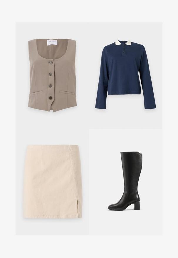 Gilet court beige avec un col rond, fermeture à cinq boutons sur le devant et deux poches latérales ; fabriqué en tissu lisse avec une coupe ajustée.; Polo à manches longues bleu marine avec col blanc et patte à trois boutons, présenté sur un fond uni.; Jupe mini en velours côtelé beige avec une texture à côtes verticales, dotée d'une fente sur le côté pour un détail supplémentaire. L'ourlet est droit et cousu de manière uniforme.; Botte en cuir noire montant jusqu’au genou avec un talon bloc et un bout arrondi, vue de profil sur un fond uni.