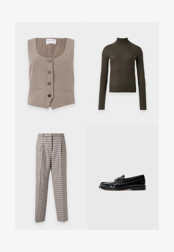 Gilet court beige avec un col rond, fermeture à cinq boutons sur le devant et deux poches latérales ; fabriqué en tissu lisse avec une coupe ajustée.; Haut à col roulé à manches longues de couleur vert olive foncé, à côtes, avec une coupe slim et une longueur légèrement raccourcie, sur fond clair.; Pantalons à carreaux avec un motif quadrillé marron et blanc, devant plissé, coupe droite et texture lisse. Convient à diverses occasions.; Mocassins en cuir noir avec un bout arrondi, des coutures décoratives et un petit accent doré sur le dessus. Semelle en caoutchouc plate, design épuré.