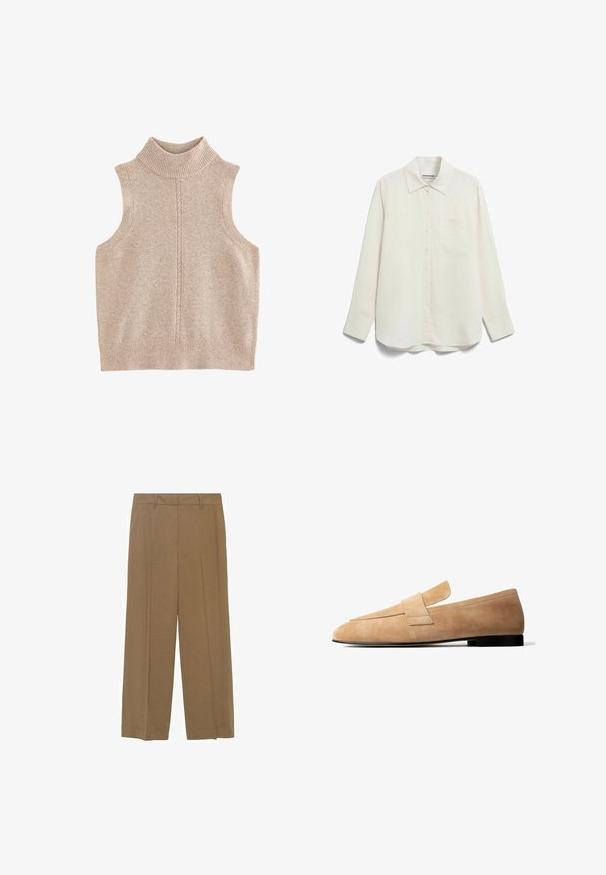 Gilet sans manches en maille beige avec un col roulé côtelé et un ourlet côtelé, avec un motif central vertical en tricot.; Chemise à manches longues de couleur crème, boutonnée, avec col et poche poitrine, étalée à plat sur un fond blanc.; Pantalons larges en tissu léger de couleur marron uni, avec plis avant et une taille ajustée.; Mocassin en daim marron clair avec un petit talon noir et une large lanière sur le dessus, présenté de profil sur fond blanc.