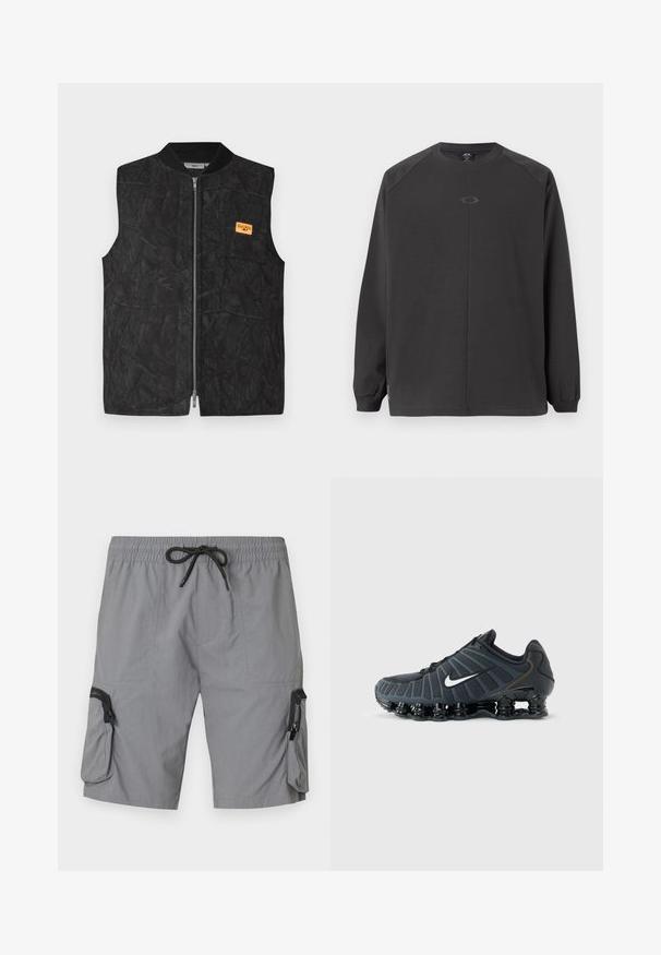 Sort vest med lynlås, struktureret mønster og et lille orange mærke. Designet med rund hals og uden ærmer.; Mørkegrå langærmet skjorte lavet af blødt materiale, med raglanærmer og et simpelt logo i midten. Mansjetterne er elastiske.; Grå cargo shorts lavet af letvægtsstof, med elastisk talje og snøre, sidelommer og en dekorativ lynlåslomme.; Sort Nike-løbesko med hvid swoosh, polstret segmenteret sål og åndbart øverste meshdesign på ensartet grå baggrund.