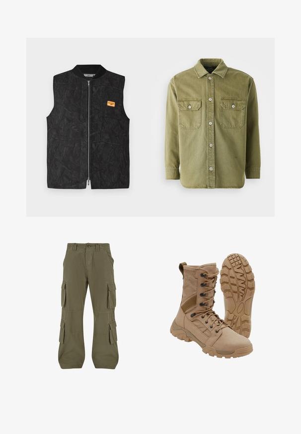 Chaleco negro con cierre de cremallera, patrón texturizado y una pequeña etiqueta naranja. Diseñado con cuello redondo y sin mangas.; Camisa verde oliva de botones confeccionada en una tela suave, que presenta dos bolsillos en el pecho con solapas, botones visibles y un cuello.; Pantalones cargo en verde olivo. Fabricados en algodón, con múltiples bolsillos laterales, corte recto y detalles de costura visibles.; Bota táctica color beige con diseño de cordones hasta la altura del tobillo y suela de goma resistente, una bota en posición vertical y la otra mostrando el patrón de la suela.
