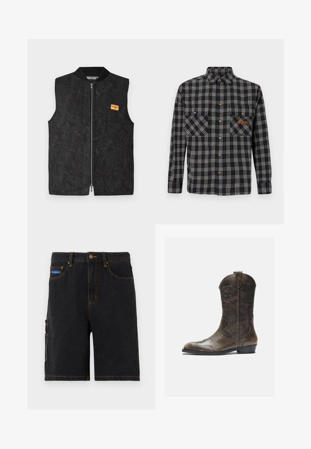 Sort vest med lynlås, struktureret mønster og et lille orange mærke. Designet med rund hals og uden ærmer.; Skjorte i ternet flannel i marineblå og creme med guldfarvede knapper, to brystlommer og orange logodetalje på venstre lomme.; Sorte denimshorts med frontlommer, en sidelomme og orange syninger. Har en metalknaplukning og et mærketikette.; Brune læder cowboystøvle med en høj skaft, spids tå, intrikate syning mønstre og en lille hæl. Struktureret finish hele vejen igennem.