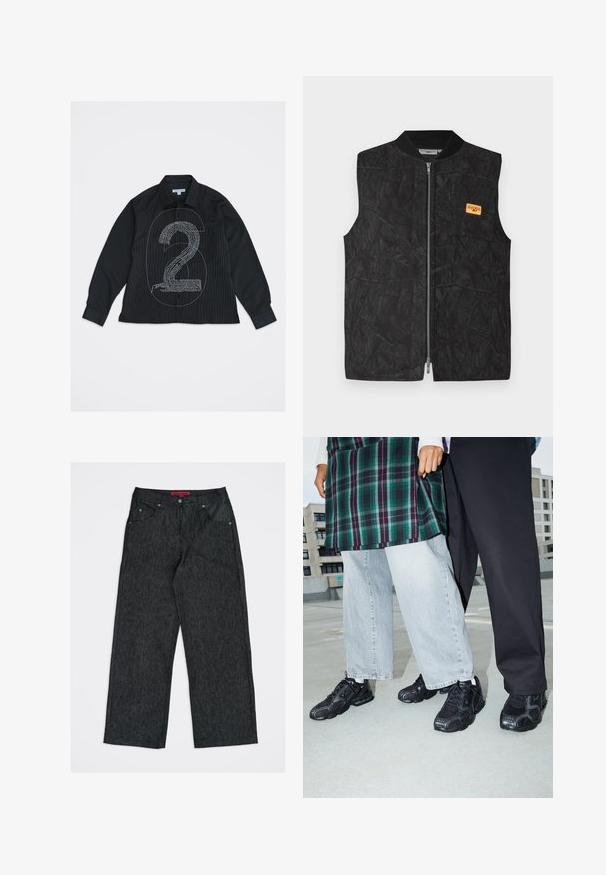Veste noire dotée d'une fermeture éclair, d'un motif texturé et d'une petite étiquette orange. Conçue avec un col rond et sans manches.; Chemise noire à manches longues avec boutons, ornée d'un grand numéro 6 en contour et d'un design texturé du numéro 2 en texte blanc sur le devant.; Jean en denim gris foncé à jambes larges avec cinq poches et une étiquette de marque rouge sur la ceinture intérieure.; Baskets de sport noires avec des accents en mesh et en caoutchouc. Portées avec un jean large gris clair et un haut à carreaux vert. Fond à surface plane.