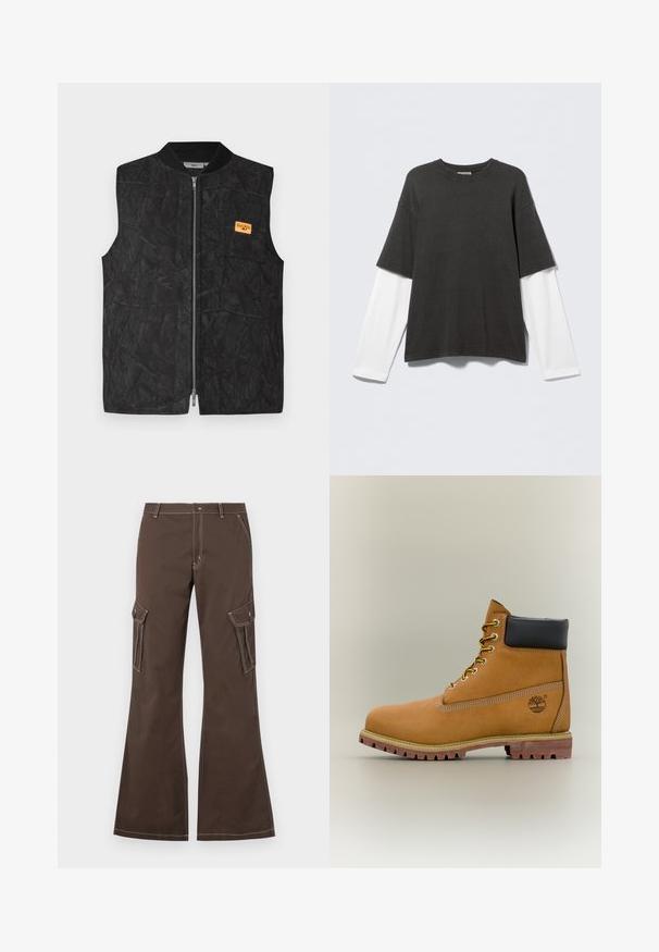 Veste noire dotée d'une fermeture éclair, d'un motif texturé et d'une petite étiquette orange. Conçue avec un col rond et sans manches.; T-shirt noir à manches courtes superposé à une chemise blanche à manches longues, présenté sur un fond clair uni.; Pantalons cargo marron avec des jambes évasées, dotés de poches latérales, d'accents de couture blanche et d'une fermeture à bouton en métal.; Bottine en cuir marron avec col noir, lacets jaunes et semelle beige. Présente un logo et des détails de couture blanche. Semelle extérieure à traction robuste.