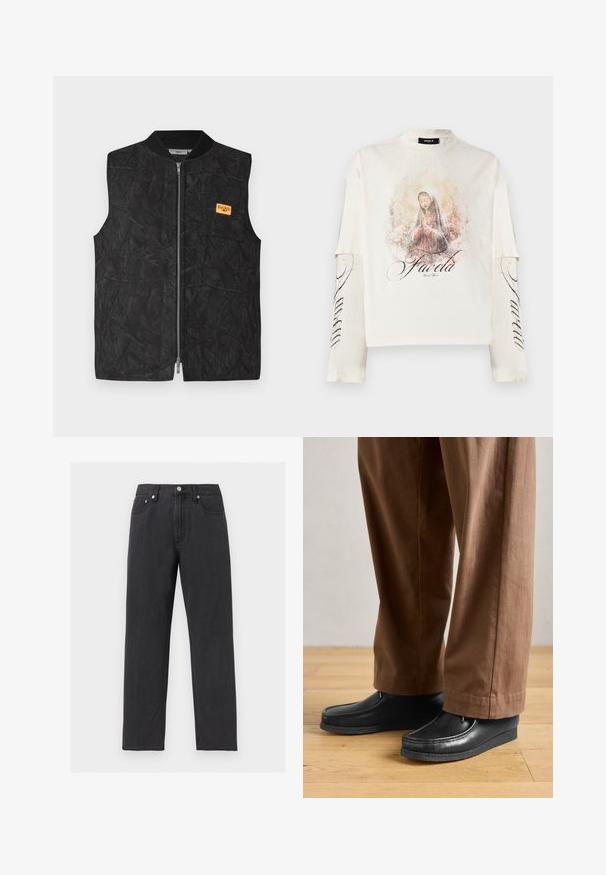 Zwart vest met ritssluiting, gestructureerd patroon en een klein oranje label. Ontworpen met een ronde kraag en zonder mouwen.; Wit overhemd met lange mouwen en gelaagde mouwen, met een illustratie van een biddende vrouw en de tekst "Favela" op de voorkant en mouw.; Zwarte recht gesneden spijkerbroek met vijf zakken, knoopsluiting en riemlussen, weergegeven op een lichtgrijze achtergrond.; Zwarte leren schoenen met een mocassinstijl en steekdetails, gecombineerd met een paarse broek, op een houten vloer.