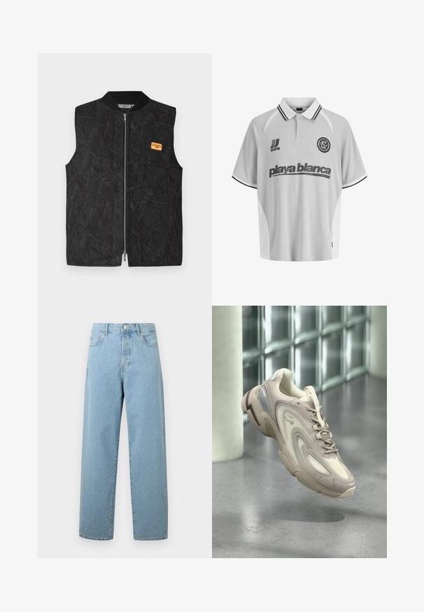 Sort vest med lynlås, struktureret mønster og et lille orange mærke. Designet med rund hals og uden ærmer.; Hvid fodboldtrøje med krave, sort kant, sorte logoer for "core" og "playa blanca," og et rundt holdemblem på venstre bryst.; Lyseblå vide jeans lavet af denim, med frontknaplukning, traditionelt fem-lommer design og en afslappet pasform.; Lysebeige sneaker med et elegant design, teksturerede overlays, en polstret sål og en gennemsigtig sektion på siden.