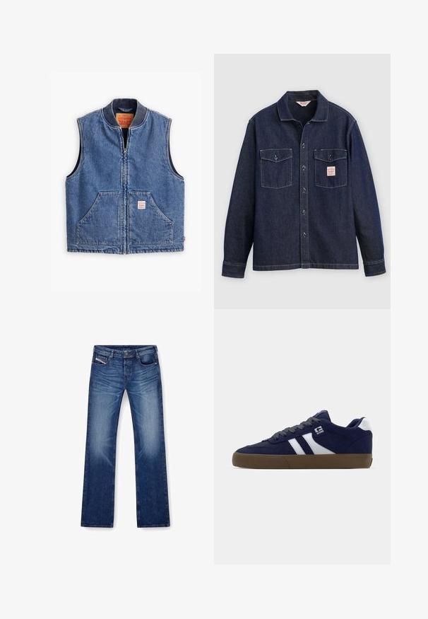 Denimweste mit Reißverschluss vorne, geripptem Kragen, zwei Fronttaschen und einem Etikett. Verfügt über eine klassische blaue Waschung und ein strukturiertes Design.; Dunkelblaues Jeanshemd mit Kragen, zwei Brusttaschen und durchgehender Knopfleiste. Verfügt über kontrastierende Nähte und ein Etikett auf der linken Tasche.; Blaue Jeans aus Denim mit geradem Bein, fünf Taschen und passendem Stich. Der Stoff hat eine glatte Textur mit leichter Ausbleichung.; Navyblaues Wildleder-Sneaker mit weißen Streifen, grauen Schnürsenkeln und einer strukturierten braunen Gummisohle. Verfügt über ein Logo an der Seite und einen gepolsterten Kragen.