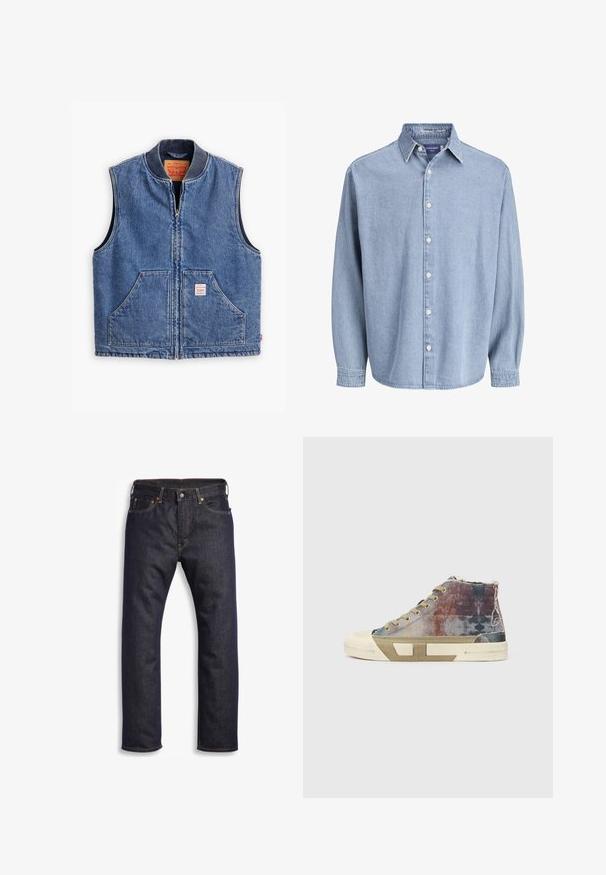 Denimvest med lynlås fortil, ribbet krave, to forlommer og et mærke. Har en klassisk blå vask og en struktureret design.; Lysblå denim skjorte med lange ærmer og knapper, med krave og hvide knapper, præsenteret mod en helt hvid baggrund.; Mørkeblå denimjeans med lige snit, fem-lomme design, metalbeslag og kontrasterende orange syninger. Glat tekstur, ingen synlige mønstre.; Høje sneakers med en multifarvet lærredsoverdel med falmede mønstre, beige sål og minimalistisk design. Eksponeret syning og detaljer.