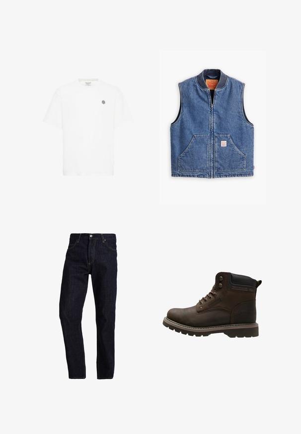 Denimvest med lynlås fortil, ribbet krave, to forlommer og et mærke. Har en klassisk blå vask og en struktureret design.; Hvid kortærmet t-shirt med rund halsudskæring og et lille gråt geometrisk logo på venstre bryst. Lavet af blødt bomuldsmateriale.; Mørkeblå denim jeans med lige pasform, med gul syning, fem lommer og en klassisk knap- og lynlås lukning.; Brune læder ankelstøvle med en rå sål, rund tå, metaløjer og en polstret krave. Har branding på siden.