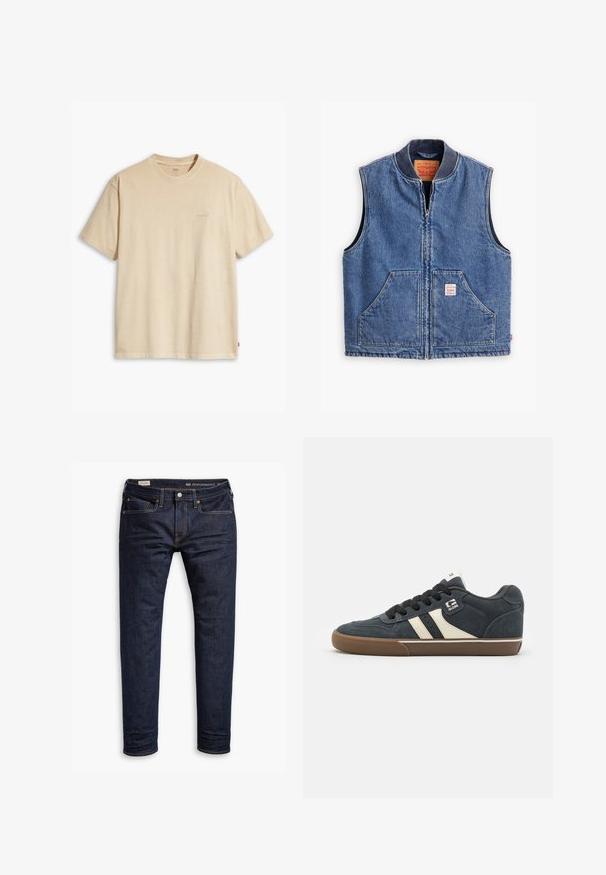 Denimvest med lynlås fortil, ribbet krave, to forlommer og et mærke. Har en klassisk blå vask og en struktureret design.; Beige bomulds t-shirt med rund hals og korte ærmer. Har et subtilt "Levi's" logo i samme farve på brystet. Blød tekstur.; Mørkeblå denimjeans med slim fit, med orange syninger, fem-lomme design og metalhardware. Glat tekstur, ingen mønstre.; Mørkeblå ruskinds sneakers med cremefarvede striber, sorte snørebånd og en brun gummisål. Har polstret krave og logo på siden.