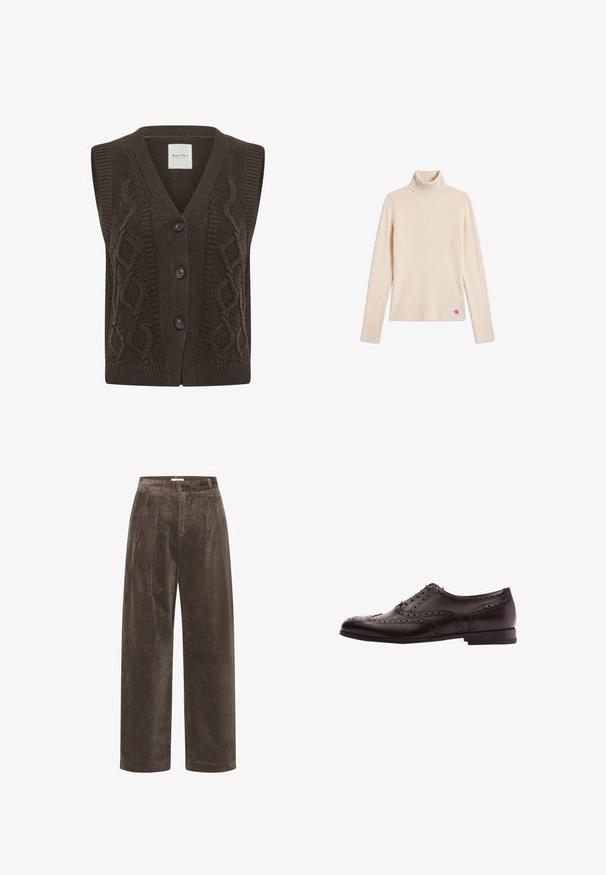 Chaleco sin mangas de punto en marrón oscuro con diseño de cable, cuello en V y tres botones negros en la parte delantera.; Jersey beige de canalé con cuello alto y mangas largas, con un pequeño parche con logo cerca del bajo, sobre fondo blanco.; Pantalones de pana marrón de pierna ancha con pliegues, que presentan una textura suave y una cintura de altura media. Los acabados del dobladillo son limpios y rectos.; Zapato de vestir de cuero marrón con detalles de brogue, cierre con cordones, puntera redondeada y un tacón bajo apilado. Acabado pulido y perforaciones intrincadas.
