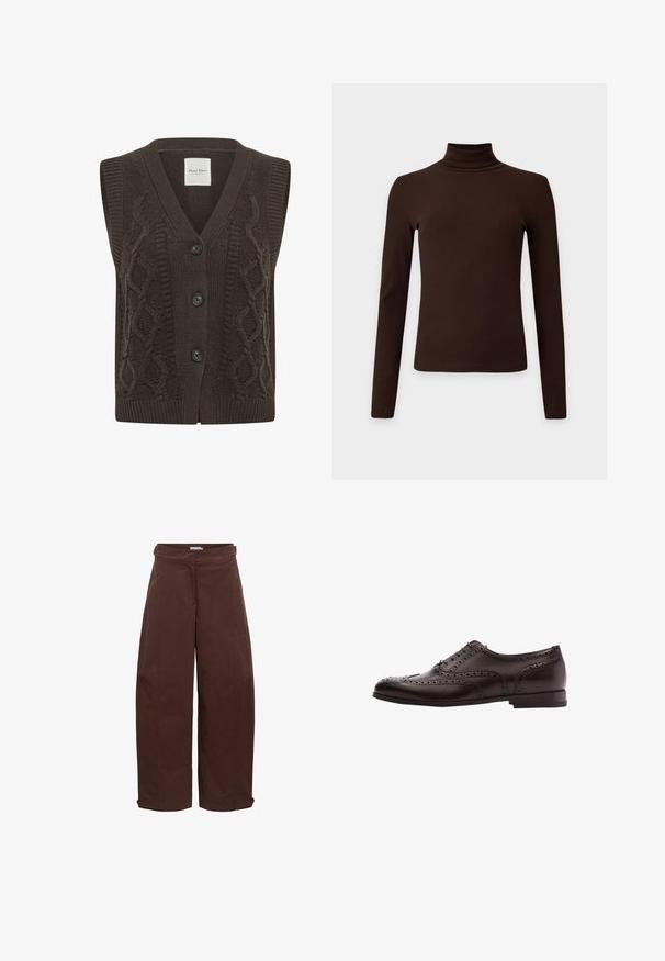 Gilet sans manches en maille marron foncé avec motif torsadé, col en V et trois boutons noirs sur le devant.; Haut à col roulé côtelé marron foncé à manches longues avec silhouette ajustée sur fond clair uni.; Pantalon marron à jambes larges avec bretelles boutonnées à la taille et aux poignets, fermeture frontale cachée et détails de coutures visibles.; Chaussure habillée brogue en cuir brun foncé pour homme avec perforations en forme d'ailes et lacets, montrée en profil latéral sur fond blanc.