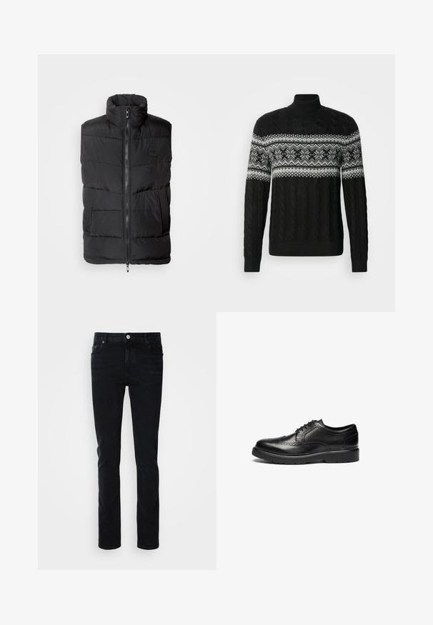 Schwarze Pufferweste mit hohem Kragen, vorne mit Reißverschluss und strukturierten Seitenpanels. Gestepptes Muster über die gesamte Fläche und minimalistische Markenakzent.; Schwarzer gestrickter Rollkragenpullover mit Kabelstruktur und einem weißen geometrischen Schneeflockenmuster über der Brust. Lange Ärmel, gerippte Bündchen und Saum.; Schwarze Denim-Jeans mit einer schmalen Passform, ausgestattet mit einer Vordertasche, Gürtelschlaufen und einem Knopfverschluss. Glatte Textur, minimalistisches Design.; Schwarze Leder-Dressschuhe mit Broguedetails, runder Zehenform und strukturiertem Sohlen. Verfügt über klassische Schnürung und einen stabilen Absatz für Unterstützung.
