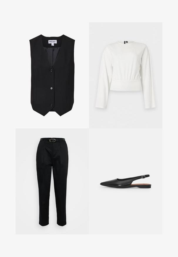Chaleco negro sin mangas, abotonado, con cuello en V, tres botones, bajo delantero en pico y una etiqueta con el texto «"Pieces"» en el interior del cuello.; Blusa blanca de manga larga y corta con escote redondo y cintura elástica fruncida, mostrada sobre un fondo liso.; Pantalones negros con un corte ajustado, que incluyen un cinturón con hebilla dorada, pliegues en la parte delantera y una textura de tela suave.; Zapato de cuero negro tipo slingback con punta afilada, ligero brillo y correa ajustable en el tobillo. Tacón plano con plantilla marrón.