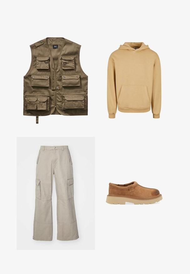 Chaleco utilitario color caqui hecho de un tejido duradero, con múltiples bolsillos frontales con solapas, cierre con cremallera y correa de cuello ajustable.; Sudadera con capucha beige fabricada en tejido suave, que cuenta con un bolsillo tipo canguro, puños acanalados y un diseño de corte relajado.; Pantalones cargo caqui hechos de una mezcla de algodón, con piernas anchas, múltiples bolsillos laterales y sutiles detalles de costura.; Zapato marrón de ante tipo slip-on con un upper texturizado, suela de goma clara en contraste y costuras visibles a lo largo del borde. Etiquetado como "UGG".