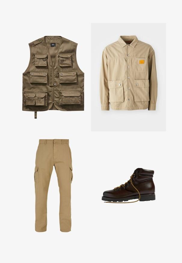 Khaki utility vest lavet af holdbart stof, med flere frontlommer med klapper, lynlåslukning og justerbar halsrem.; Replay Inc. SHIRT - Skjorter - khaki; Beige cargo bukser med to sidelommer, lige ben design, lavet af slidstærkt stof, med syning detaljer og bæltestropper.; Brun læder vandrestøvle med en afrundet tå, tekstureret overflade, gule snørebånd og metaløjer. Har en robust sort gummisål.