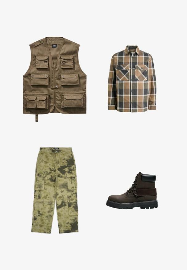 Khaki úžitková vesta vyrobená z odolného materiálu, s viacerými prednými vreckami s chlopňami, zipsovým uzáverom a nastaviteľným krčným popruhom.; Károvaná flanelová košeľa s hnedými, béžovými a čiernymi vzormi. Obsahuje dve náprsné vrecká, zapínanie na gombíky a klasický golier.; Bermudy vo vojenskom vzore, s viacerými bočnými vreckami, vyrobené z odolnej tkaniny v odtieňoch zelenej a hnedej.; Tmavohnedá šnurovacia členková topánka s čiernym polstrovaným golierom, hrubou čiernou gumovou podrážkou a prehnutým manžetovým detailom.