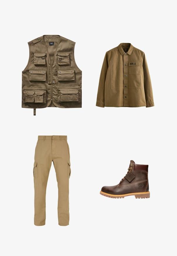 Khaki utilitaarvest, mis on valmistatud vastupidavast kangast, millel on mitu esipoolset taskut klappidega, lukuga sulgemine ja reguleeritav kaelarihm.; Pruun kanvasjakk, millel on kraega kaelus, ees nupulukk, kaks rinnataskut ja tekstureeritud kangas. Sõjaväe inspireeritud disain.; Beez värvi cargo püksid, kahe külgtaskuga, sirge jala disain, valmistatud vastupidavast kangast, millel on tikandi detailid ja vöökohavööndid.; pruun nahkne pahklöögi saabas ümarate varvastega, tugev tald, kuldse tooni detaljid ja tekstureeritud pealispind. Kaasas brändi silt.
