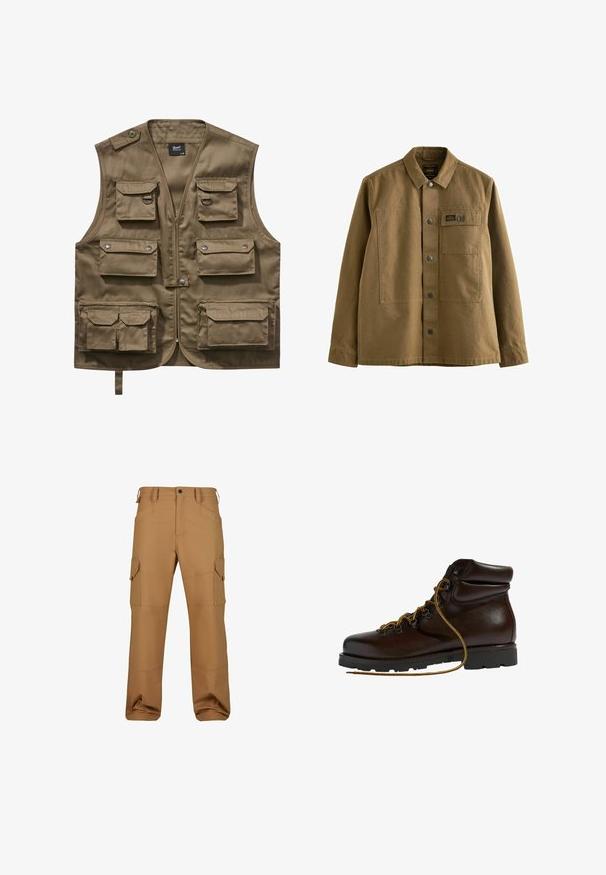 Khaki utility vest lavet af holdbart stof, med flere frontlommer med klapper, lynlåslukning og justerbar halsrem.; Brun canvasjakke med krave, frontlukning med knapper, to brystlommer og struktureret stof. Militær-inspireret design.; Brune cargo bukser lavet af slidstærkt stof, med flere lommer, en afslappet pasform og forstærkede syninger.; Brun læder vandrestøvle med en afrundet tå, tekstureret overflade, gule snørebånd og metaløjer. Har en robust sort gummisål.