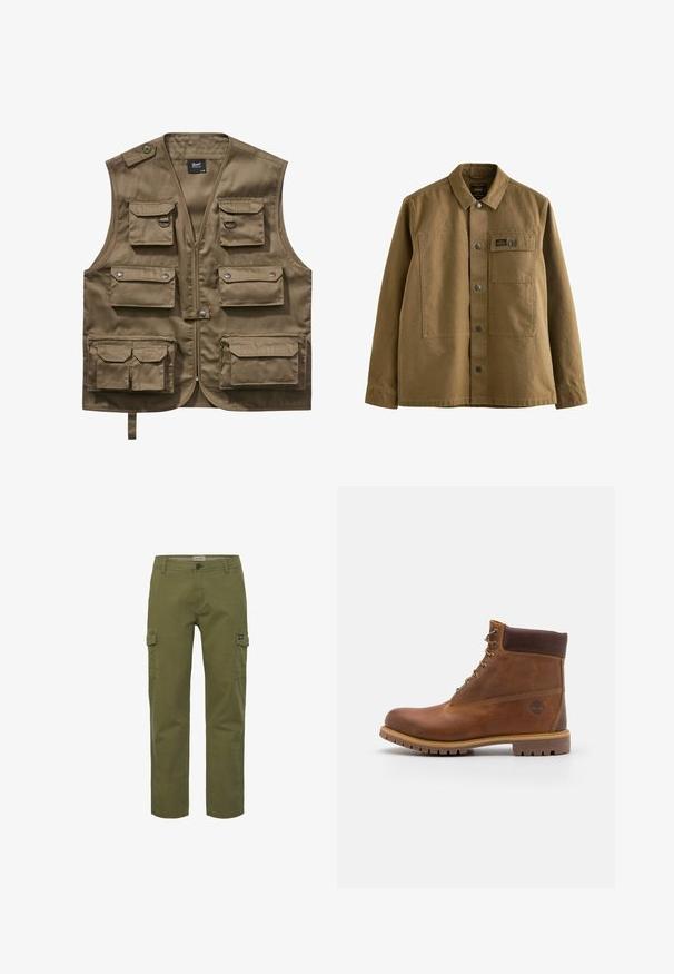 Khaki úžitková vesta vyrobená z odolného materiálu, s viacerými prednými vreckami s chlopňami, zipsovým uzáverom a nastaviteľným krčným popruhom.; Hnedá plátenná bunda s golierom, predným zapínaním na gombíky, dvoma vreckami na hrudi a textúrovanou tkaninou. Dizajn inšpirovaný armádou.; Kargo nohavice v olivovo zelenej farbe, s rovnými nohavicami, prednými a bočnými vreckami a gombíkovým zapínaním. Vyrobené z odolnej bavlnenej látky.; Hnedé kožené turistické topánky s hladkým povrchom, polstrovaným členkom, kovovými okami a gumovou podrážkou s drsným vzorom.