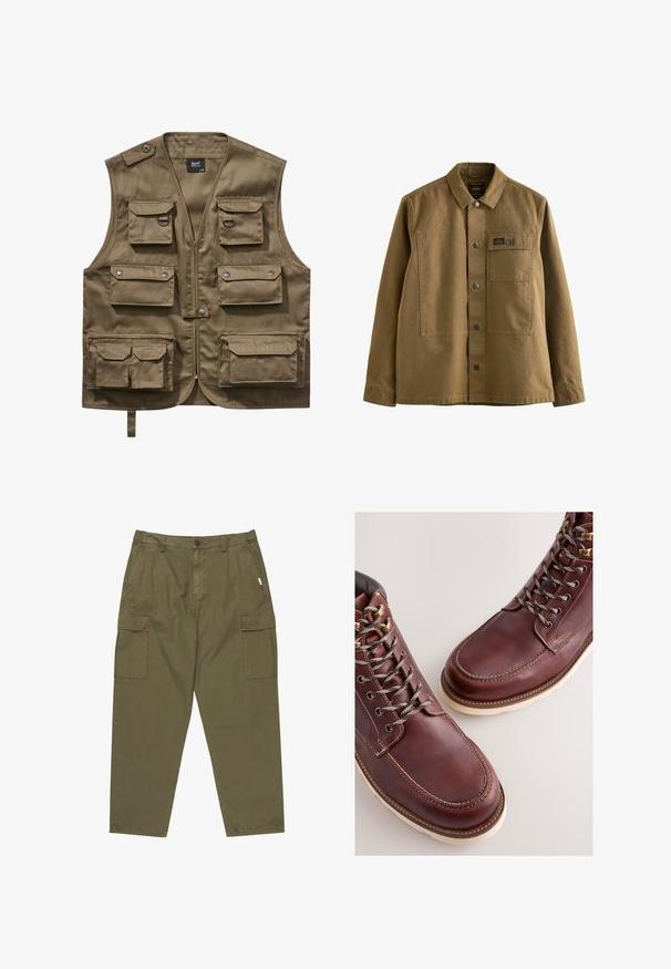 Khaki úžitková vesta vyrobená z odolného materiálu, s viacerými prednými vreckami s chlopňami, zipsovým uzáverom a nastaviteľným krčným popruhom.; Hnedá plátenná bunda s golierom, predným zapínaním na gombíky, dvoma vreckami na hrudi a textúrovanou tkaninou. Dizajn inšpirovaný armádou.; Olivové cargo nohavice vyrobené z bavlny, s predným zapínaním na gombík, bočnými vreckami a dvoma veľkými cargo vreckami na stehnách.; Hnedé kožené topánky s hladkým povrchom, vybavené kovovými očkami, sivými šnúrkami a krémovo sfarbenou gumovou podrážkou. Stehovanie pozdĺž okrajov.