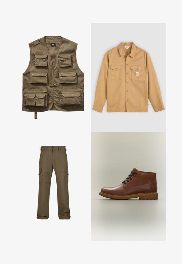 Chaleco utilitario color caqui hecho de un tejido duradero, con múltiples bolsillos frontales con solapas, cierre con cremallera y correa de cuello ajustable.; Camisa abotonada color beige con mangas largas, dos bolsillos en el pecho y una pequeña etiqueta. Fabricada en algodón con una textura suave y un diseño de cuello clásico.; Pantalones cargo en verde oliva oscuro, con múltiples bolsillos, costuras reforzadas, un corte recto y una tela de textura suave.; Botín marrón de cuero con cordones, suela de goma, costura sencilla y un pequeño logo en relieve cerca del talón sobre un fondo claro.