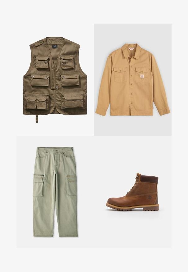 Chaleco utilitario color caqui hecho de un tejido duradero, con múltiples bolsillos frontales con solapas, cierre con cremallera y correa de cuello ajustable.; Camisa abotonada color beige con mangas largas, dos bolsillos en el pecho y una pequeña etiqueta. Fabricada en algodón con una textura suave y un diseño de cuello clásico.; Pantalones cargo color caqui con un corte holgado, hechos de algodón, que cuentan con dos bolsillos laterales y un bolsillo con cremallera en la pierna izquierda.; Botas de senderismo de cuero marrón con un acabado suave, tobillo acolchado, ojales de metal y suela de goma con un patrón de tracción robusto.