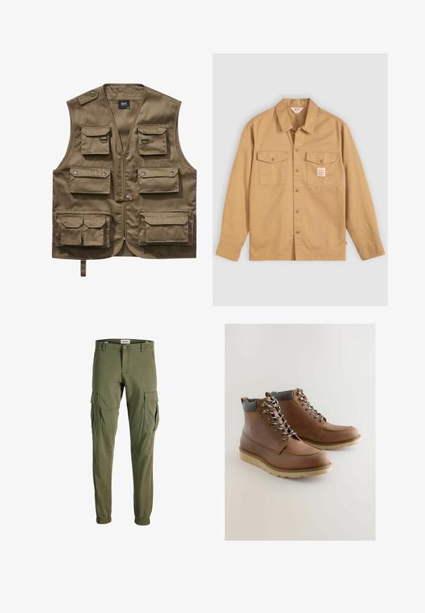 Khaki utility vest lavet af holdbart stof, med flere frontlommer med klapper, lynlåslukning og justerbar halsrem.; Tan knapkrave skjorte med lange ærmer, to brystlommer og et lille mærke. Lavet af bomuld med en blød tekstur og klassisk kravedesign.; Olivengrøn cargo bukser lavet af blødt materiale, med sidelommer, elastiske ankelmanchetter og et klassisk tætsiddende design.; Brune læderankelstøvler med grå polstret krave, snøresystem, hvid gummisål og dekorative syninger langs forfoden.