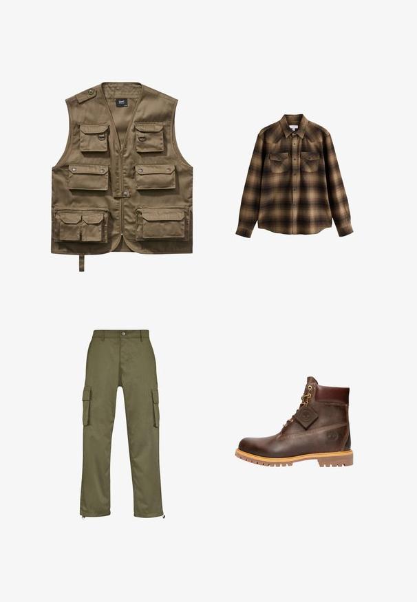 Khaki úžitková vesta vyrobená z odolného materiálu, s viacerými prednými vreckami s chlopňami, zipsovým uzáverom a nastaviteľným krčným popruhom.; Hnedo-čierna károvaná košeľa s dlhými rukávmi, golierom, prednými patentkami a dvoma náprsnými vreckami s klopou a gombíkmi.; Olivové cargo nohavice so stright strihom, dvoma bočnými vreckami a zipsovými detailmi na manžetách. Vyrobené z odolného materiálu.; Hnedé kožené členkové čižmy s okrúhlou špičkou, robustnou podrážkou, zlatým kovovým doplnkom a štruktúrovaným zvrškom. Obsahujú priliepený štítok s logom.