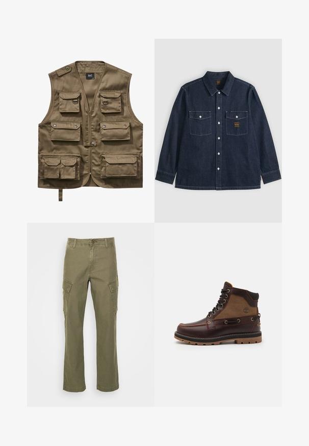 Khaki utility vest lavet af holdbart stof, med flere frontlommer med klapper, lynlåslukning og justerbar halsrem.; Mørkeblå denimskjorte med lange ærmer, knapper foran, to brystlommer med knapklapper og synlige hvide syninger.; Olivengrøn cargo bukser lavet af bomuld. Funktioner inkluderer to sidelommer og et lige ben design. Glat tekstur med synlige sømme.; Brun læderstøvle med et lysebrunt stofpanel, rund tå, metaløjer, sort gummisål og sy detaljer. Har et forhøjet logo på siden.