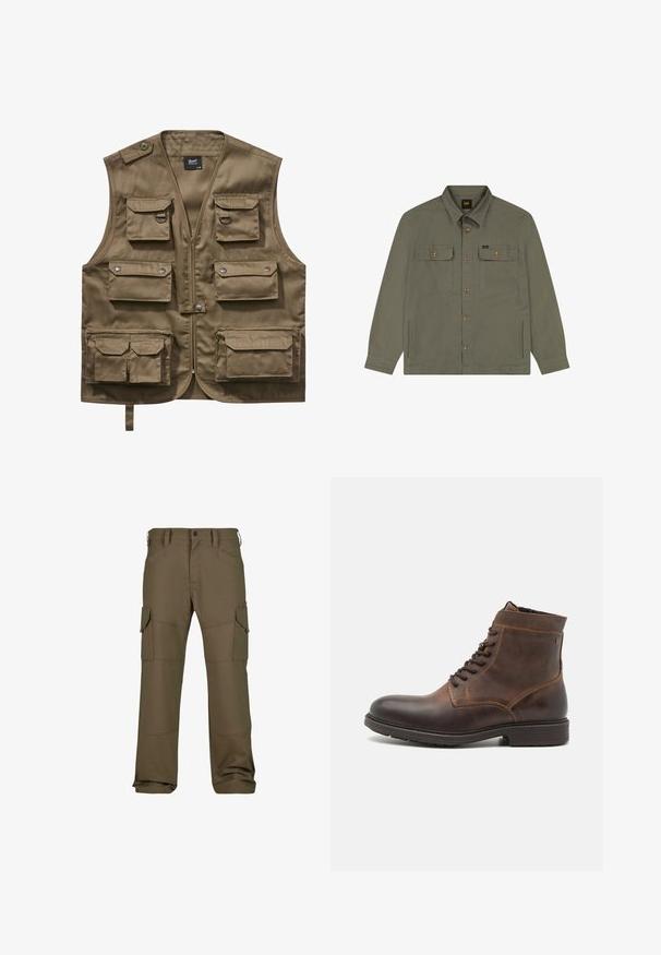 Khaki utilitaarvest, mis on valmistatud vastupidavast kangast, millel on mitu esipoolset taskut klappidega, lukuga sulgemine ja reguleeritav kaelarihm.; Õlivärvi roheline nööbitav särkjakk kahe rinnatasku klapiga, kahe küljetasku, pikkade varrukate ja kraega.; Tumed oliivrohelised cargo-püksid, millel on mitmed taskud, tugevdusõmblused, sirge lõige ja sile tekstuuriga kangas.; Jack & Jones JFWDELANEY BOOT - Nööritavad poolsaapad - cognac