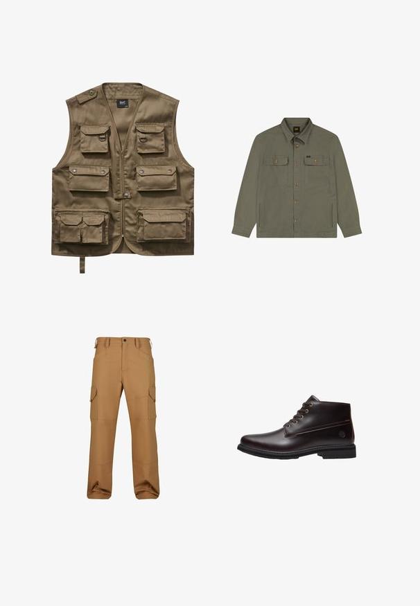 Gilet utilitaire khaki en tissu durable, présentant plusieurs poches avant avec rabats, une fermeture éclair et une sangle de cou ajustable.; Veste-chemise boutonnée vert olive avec deux poches à rabat sur la poitrine, deux poches latérales, manches longues et col.; Pantalons cargo marron en tissu durable, dotés de plusieurs poches, d'une coupe décontractée et de détails de couture renforcée.; Bottine en cuir marron foncé à lacets avec semelle noire et logo discret de la marque sur le côté, présentée de profil sur fond blanc.