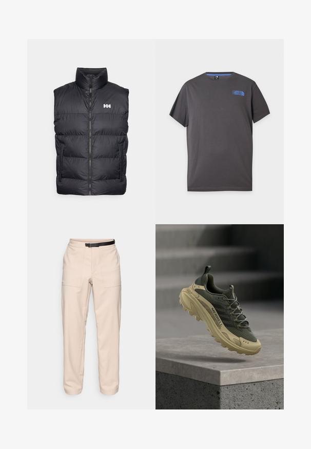 Chaleco acolchado negro con cuello alto, cierre frontal y dos bolsillos laterales. Presenta un diseño acolchado horizontal y un logo blanco en el pecho.; Camiseta de manga corta de cuello redondo de color gris oscuro con pequeño logo azul de The North Face en la parte superior izquierda del pecho sobre fondo blanco.; Pantalones beige con un diseño de pierna recta, que presentan un cinturón negro ajustable, bolsillos frontales y una tela suave y texturizada.; Zapatilla de running para exteriores con suela beige y parte superior de malla verde oscuro, flotando sobre un borde de hormigón, con la marca "Merrell" en el lateral.
