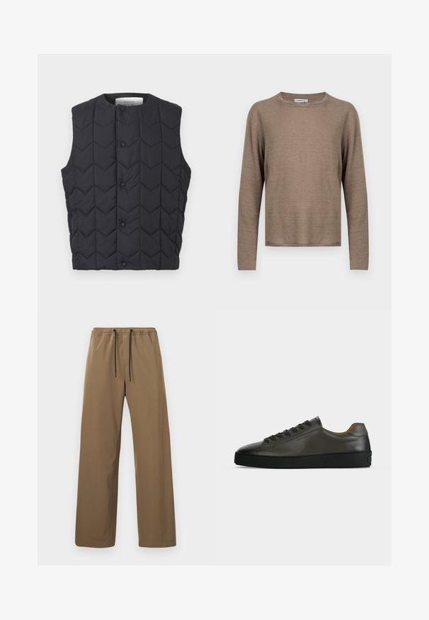 Veste sans manches matelassée noire avec fermeture à boutons-pression et motif de piqûres en chevron, étiquette Maison Kitsuné à l'intérieur du col.; Chemise marron à manches longues avec col rond, coupe ajustée, présentée à plat sur un fond blanc.; Pantalon marron à coupe droite avec taille élastique et cordons noirs, présenté sur un fond clair uni.; Basket basse en cuir gris foncé avec lacets et semelle noirs, design minimaliste, profil latéral sur un fond clair uni.