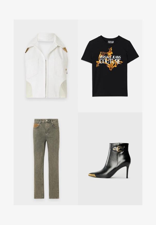 Veste sans manches blanche avec un col pointu, des accessoires en ton or, deux poches avant et un panneau beige contrastant sur les côtés.; T-shirt en coton noir avec le texte blanc "VERSACE JEANS COUTURE" et un design doré orné entourant le texte, manches courtes, col rond.; Jean en denim vert avec une coupe droite, doté d'une poche en velours côtelé marron et d'une légère décoloration sur l'ensemble du tissu.; Bottine noire en cuir brillant, avec un bout pointu, un talon aiguille, et des accessoires dorés ornés d'une boucle décorative.