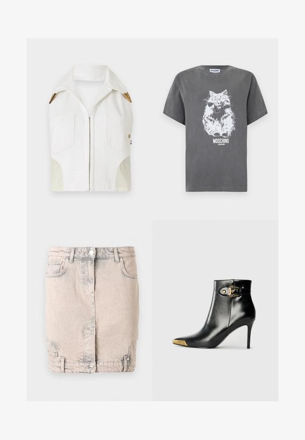 Witte mouwloze jas met een puntige kraag, gouden hardware, twee voorkruiszakken en een contrasterend beige paneel aan de zijkanten.; Donkergrijs T-shirt met witte afbeelding van een pluizige kat met ronde bril en strikje, met daaronder de tekst "MOSCHINO JEANS".; Lichtbeige denim minirok met knoopsluiting aan de voorkant, riemlussen, schuine zakken en subtiele vervaagde details.; Zwarte enkellaars van glanzend leer met een spits toelopende neus, naaldhak en goudkleurige sierhardware met een decoratieve gespdetail.
