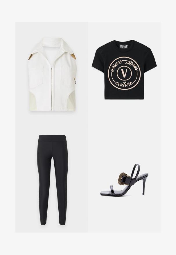 Veste sans manches blanche avec un col pointu, des accessoires en ton or, deux poches avant et un panneau beige contrastant sur les côtés.; T-shirt en coton noir avec un grand logo circulaire beige comprenant "Versace Jeans Couture" et un "V" central dans une police élégante. Manches courtes.; Leggings noirs taille haute ajustés avec une texture lisse, une coupe jambes droites, sans motifs ni ornements visibles.; Sandale à talon haut en cuir verni noir avec des fines lanières et une grande boucle dorée ornée sur la lanière avant.