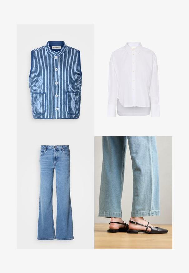 Chaleco acolchado en azul con rayas verticales blancas, cuello mao, botones frontales y dos bolsillos de parche. Textura de tejido suave.; Camisa blanca de manga larga con botones, cuello puntiagudo, dobladillo trasero ligeramente más largo y puños grandes.; Vaqueros de pierna ancha azul claro hechos de mezclilla. Presentan un diseño clásico de cinco bolsillos y una bragueta con botones visibles. Textura suave y acabado sin adornos.; Zapatos slingback de cuero negro con punta afilada, tacón plano y tira en el tobillo; llevados con jeans de pierna ancha en azul claro.