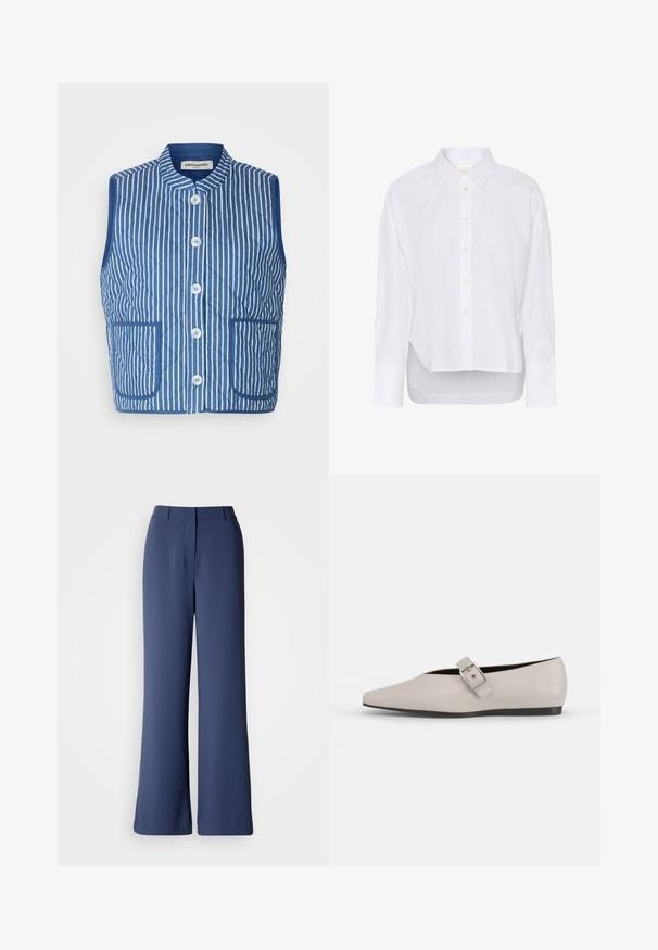 Chaleco acolchado en azul con rayas verticales blancas, cuello mao, botones frontales y dos bolsillos de parche. Textura de tejido suave.; Camisa blanca de manga larga con botones, cuello puntiagudo, dobladillo trasero ligeramente más largo y puños grandes.; Pantalones de pierna ancha en tela azul marino oscuro, con una textura suave, pliegue frontal y cinturilla plana sin herrajes visibles.; Zapato plano de cuero beige con punta afilada, un detalle de hebilla lateral y suela negra baja. Textura suave y diseño minimalista.