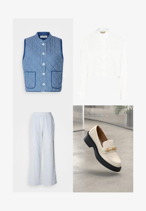 Chaleco acolchado en azul con rayas verticales blancas, cuello mao, botones frontales y dos bolsillos de parche. Textura de tejido suave.; Camisa blanca corta con mangas largas, cuello puntiagudo y botones en la parte delantera. Hecha de tela lisa con un diseño limpio y minimalista.; Pantalones de pierna ancha de color azul claro con rayas verticales en blanco y rojo. Cuenta con una cintura elástica y bolsillos laterales. Textura suave parecida al algodón.; Mocasín color crema con suela negra y detalle de hebilla dorada, colocado en ángulo hacia arriba sobre un fondo de suelo de concreto gris claro.