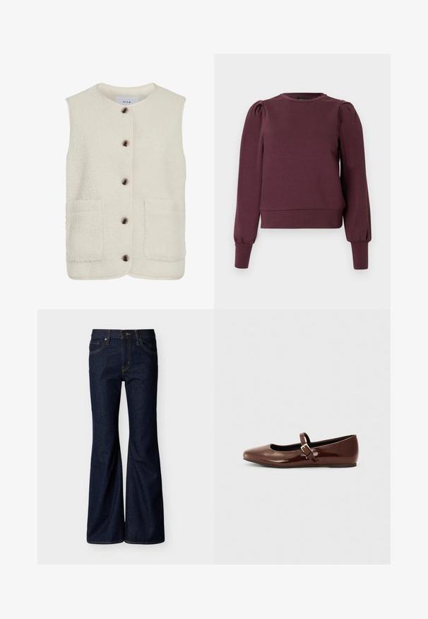 Fleece vest i creme med rund hals, frontknaplukning og to store påsyede lommer. Har en tekstureret overflade og kontrastpipning.; Vinrød sweatshirt med lange, puffede ærmer og ribbede manchetter. Blødt materiale, rund halsudskæring og en tætsiddende kant. Glat tekstur.; Mørkeblå denimjeans med vide ben, frontknap og lynlås, samt fem-lomme-design med kontrastsyning.; Brun patentlæder balletflade med firkantet tå og strop med en lille guldbuckle. Glat tekstur, lav hæl og minimalistisk design.
