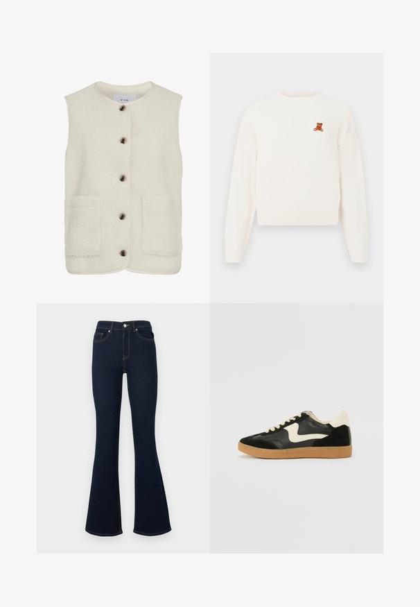 Fleece vest i creme med rund hals, frontknaplukning og to store påsyede lommer. Har en tekstureret overflade og kontrastpipning.; Hvid strikket sweater med ribbet struktur, rund halsudskæring og broderet brun bamse på venstre bryst. Lange ærmer og tætsiddende kant.; Mørkeblå udvidede jeans med høj talje, forlommer og kontrastsyninger, lavet af denimstof med en glat tekstur.; Sorte ruskinds- og lædersneakers med en cremefarvet side-swoosh og lys cremefarvet hæl. Har beige snørebånd og en gummirubber-sål.